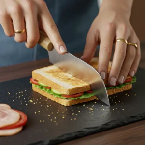 Mother cutting peanut butter sandwich with pizza roller