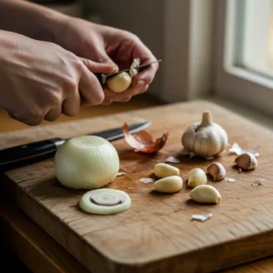 Fresh onion and garlic on a wooden cutting board for a homemade shakshuka.