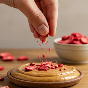 Sprinkling freeze-dried strawberries on peanut butter sandwich