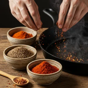 Ground cumin, smoked paprika, and chili flakes in ceramic bowls for shakshuka spice blend