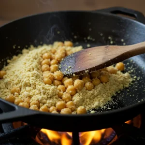 Toasting chickpea flour in a pan for nutty samosa dough