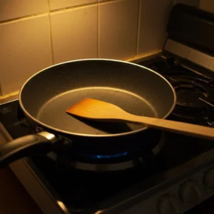 Small nonstick pan with wooden spatula on a stovetop for ramen stir fry