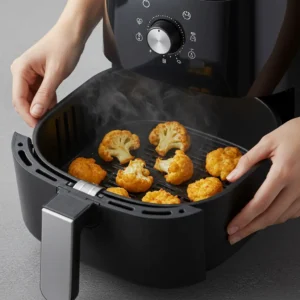 Air fryer basket with cauliflower nuggets cooking inside