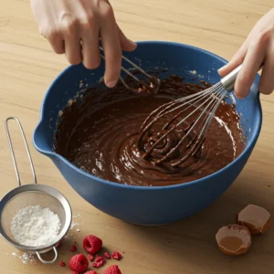 Ceramic mixing bowl with brownie batter being whisked