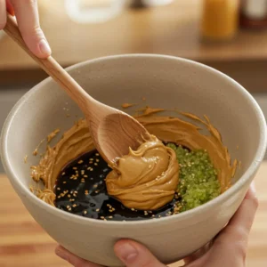 Ceramic mixing bowl with peanut butter, soy sauce, and lime for ramen sauce
