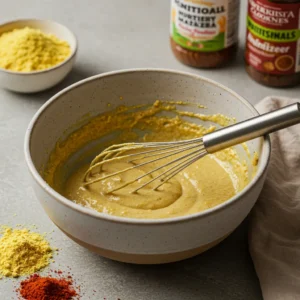 Ceramic bowl with chickpea flour batter and spices