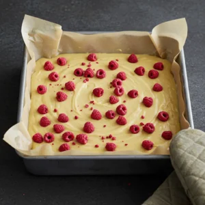 Square baking pan lined with parchment paper for brownies