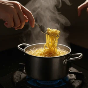 Ramen noodles boiling in a pot with steam rising, tested with a fork