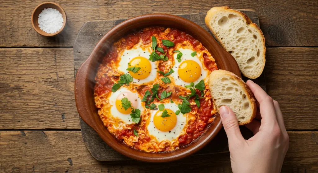 Easy shakshuka recipe with eggs poached in tomato sauce in a ceramic bowl, steam rising, on a wooden table