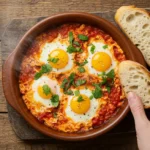 Easy shakshuka recipe with eggs poached in tomato sauce in a ceramic bowl, steam rising, on a wooden table