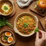 A beautiful flatlay of global recipes including french onion soup, shoyu ramen, fried rice, and a gourmet burger on a wooden table