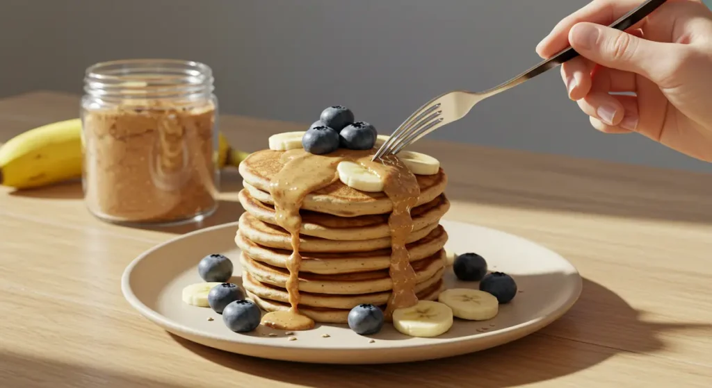 Fluffy banana egg pancake stack drizzled with almond butter on ceramic plate