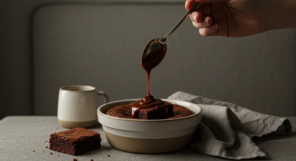 Cozy Dessert and Baking scene with a human hand drizzling chocolate sauce over a brownie in a ceramic bowl, warm natural light