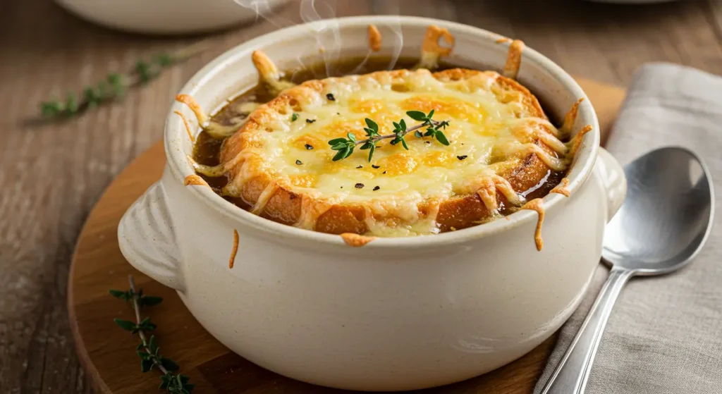 French Onion Soup: Steaming bowl of French onion soup with melted Gruyère cheese and toasted baguette, garnished with fresh thyme