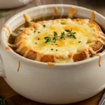 French Onion Soup: Steaming bowl of French onion soup with melted Gruyère cheese and toasted baguette, garnished with fresh thyme