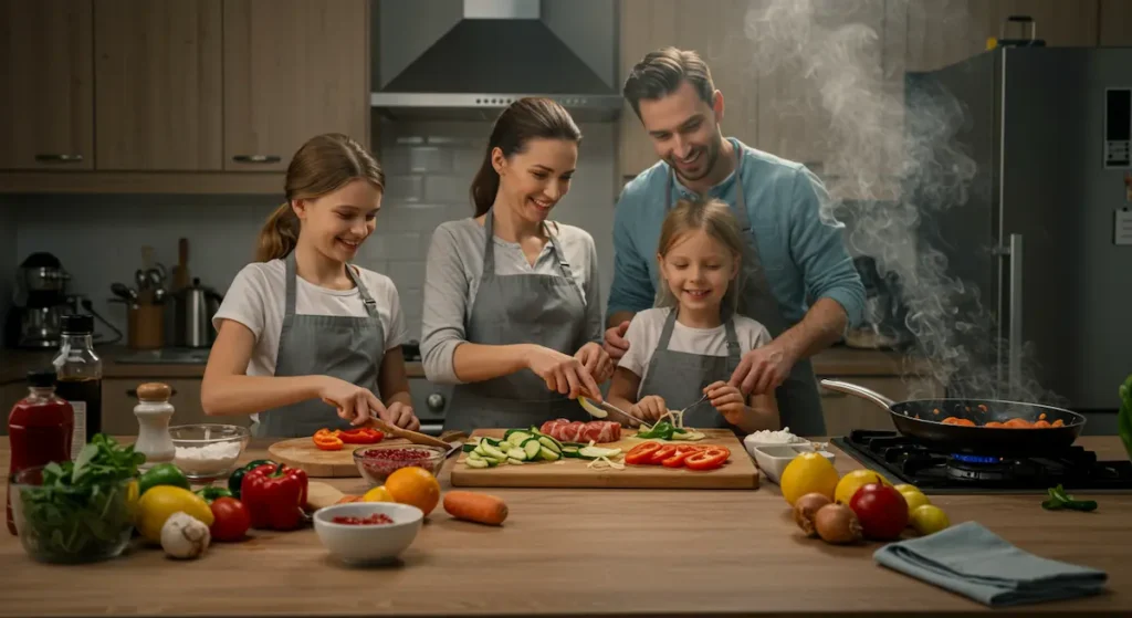 Healthy Diet: Happy parents with two kids cooking in a warm-toned kitchen, ingredients spread on the board, human hands visible, smoke rising from a pan