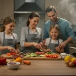 Healthy Diet: Happy parents with two kids cooking in a warm-toned kitchen, ingredients spread on the board, human hands visible, smoke rising from a pan