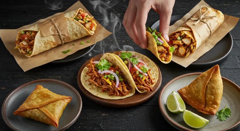 Street Food: A vibrant flat lay of global street food at home including tacos, shawarma, and samosas on a dark wooden tabl