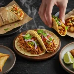 Street Food: A vibrant flat lay of global street food at home including tacos, shawarma, and samosas on a dark wooden tabl