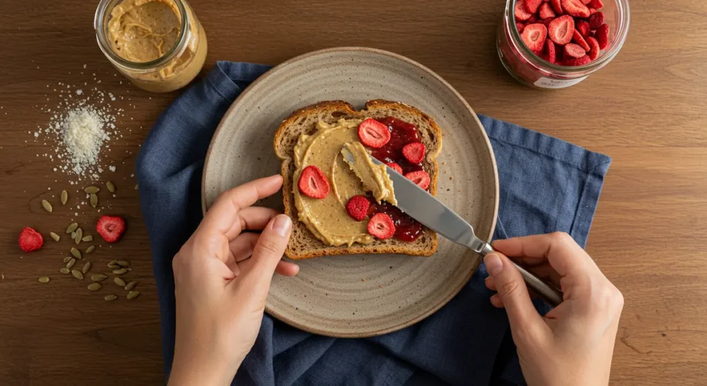 Kids Sandwich: Mother's hands making healthy peanut butter and jelly sandwich with sunflower seed butter and fresh blueberries