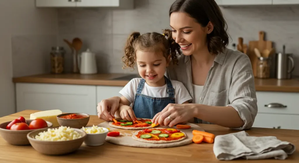 fun food ideas for kids: A joyful mother and daughter making a healthy veggie pizza together in a sunny kitchen, surrounded by fresh ingredients in ceramic bowls