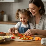 fun food ideas for kids: A joyful mother and daughter making a healthy veggie pizza together in a sunny kitchen, surrounded by fresh ingredients in ceramic bowls