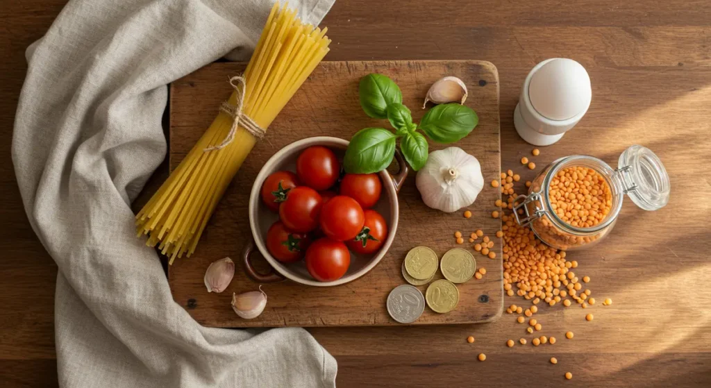 Quick and Easy Meals: Overhead flat lay of ingredients for quick and budget friendly meals on a wooden board, including pasta, tomatoes, eggs, and lentils