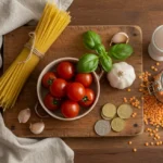 Quick and Easy Meals: Overhead flat lay of ingredients for quick and budget friendly meals on a wooden board, including pasta, tomatoes, eggs, and lentils