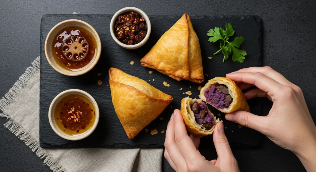 Indian Samosas: Flaky golden samosas with purple sweet potato filling, served with chaotic chutney on charcoal slate