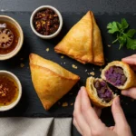 Indian Samosas: Flaky golden samosas with purple sweet potato filling, served with chaotic chutney on charcoal slate