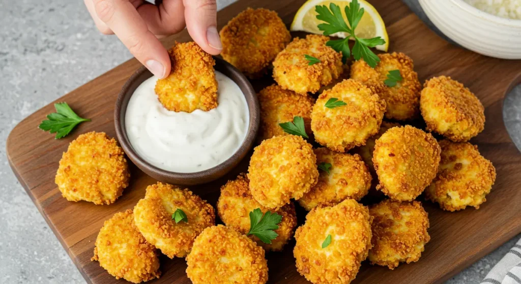 Cauliflower Nuggets: Crispy vegan air fryer cauliflower nuggets with dairy-free ranch, garnished with parsley