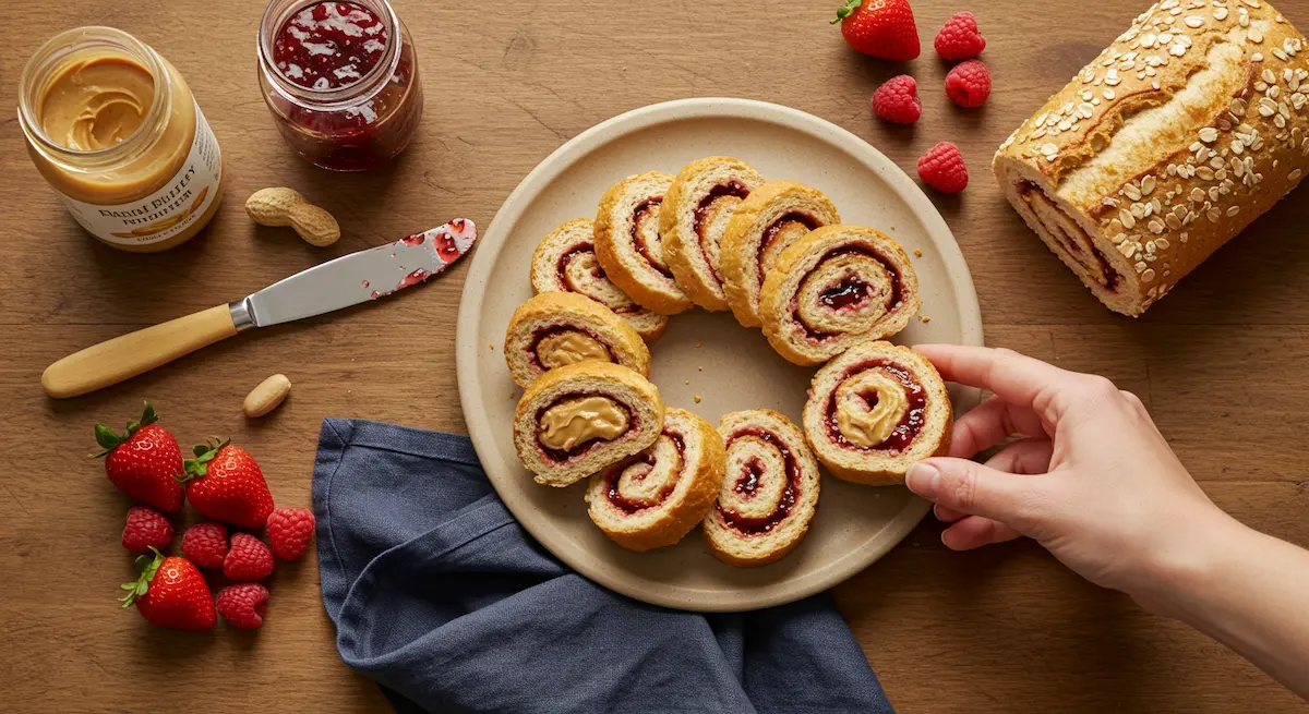 Overhead view of healthy peanut butter and jelly pinwheel roll-ups on a ceramic plate, with fresh berries and ingredients styled around it