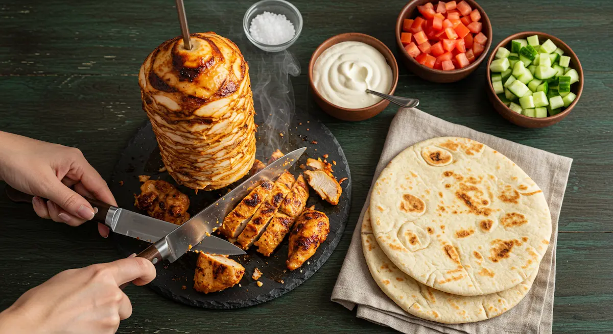 Hands slicing juicy, grilled chicken shawarma from a vertical stack at home, with fresh vegetables and garlic sauce nearby