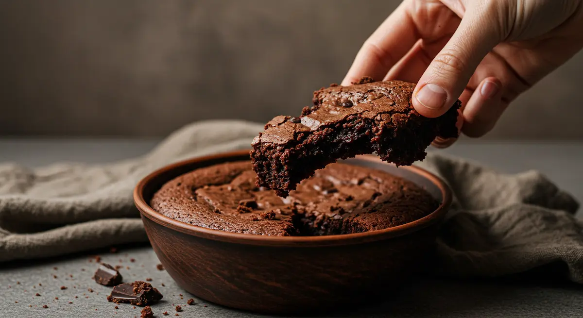 Human hand breaking a fudgy homemade brownie in a rustic ceramic bowl, natural warm light