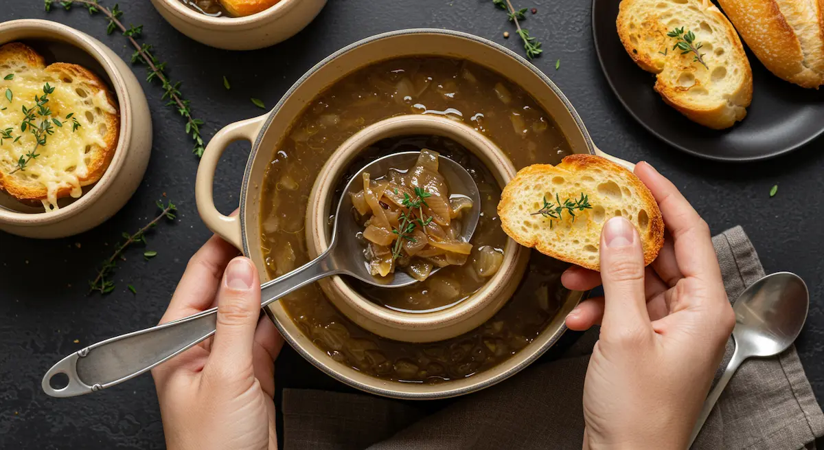 Hands ladling French onion soup into a ceramic bowl with caramelized onions