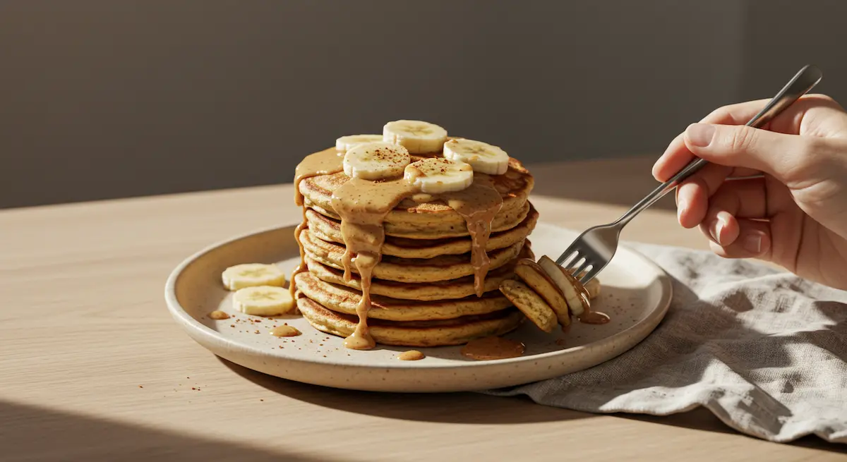 Hand taking bite of banana egg pancake with fork