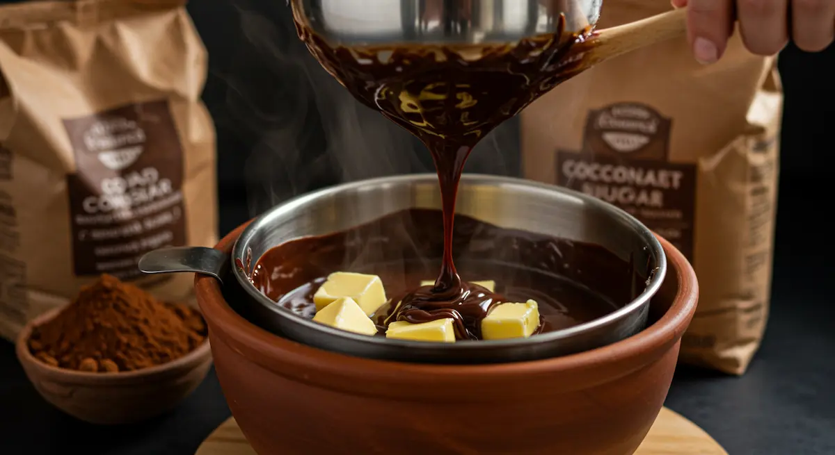 Melting dark chocolate and butter in a double boiler for brownie batter