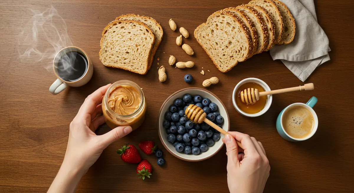 Natural ingredients for healthy peanut butter sandwich arranged by mother's hands