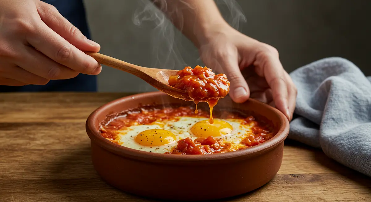 Close up of a hand serving shakshuka with a wooden spoon from a ceramic bowl
