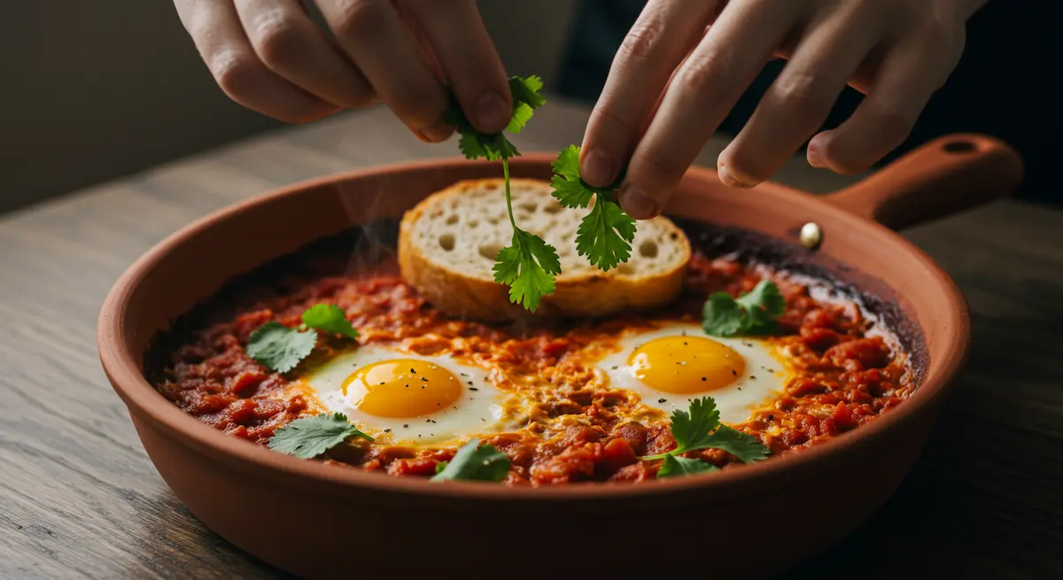 Close-up of a quick and easy shakshuka recipe with eggs poached in tomato sauce in a ceramic skillet, garnished with cilantro.