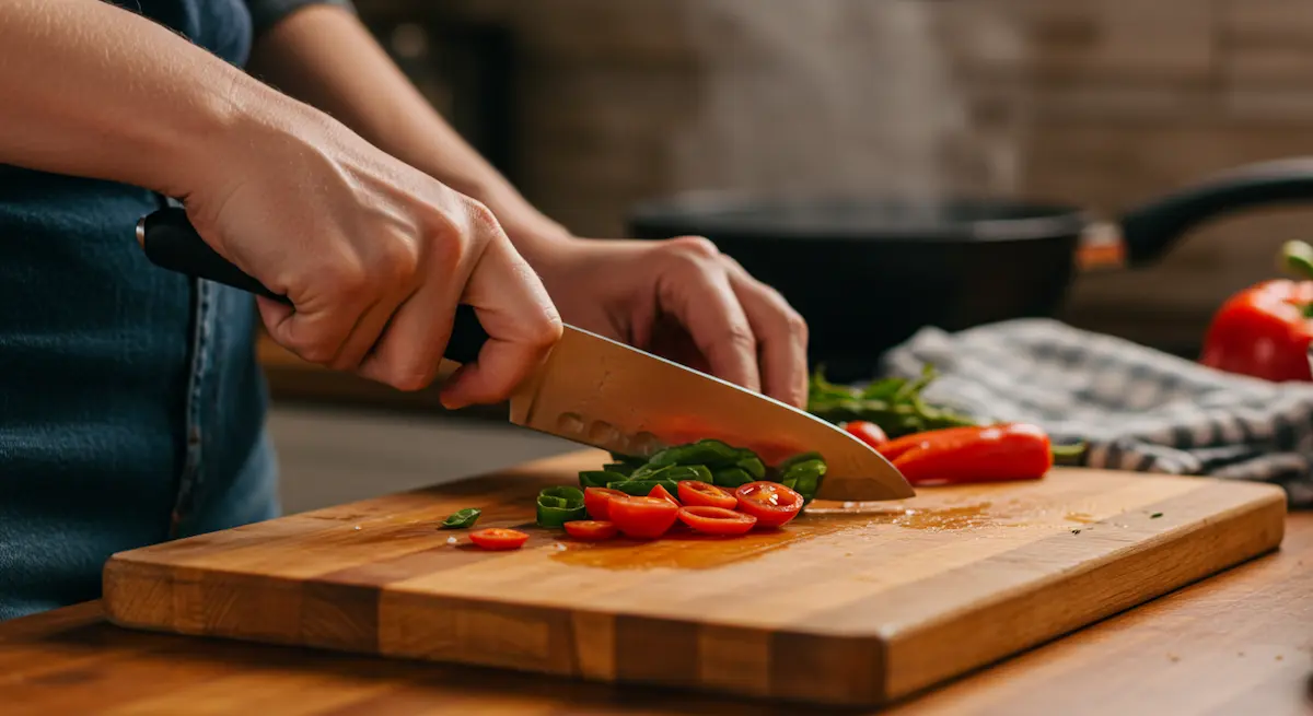Close-up of human hands chopping fresh vegetables on a colorful kitchen board with visible ingredients