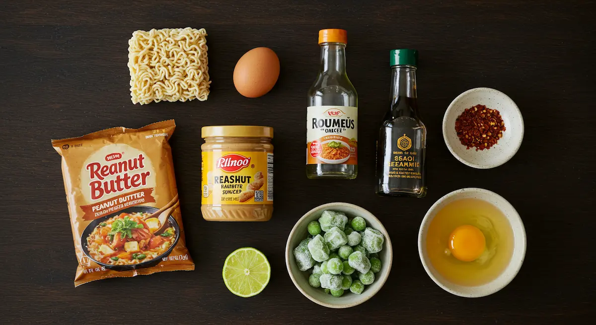 Ingredients for ramen stir fry: ramen, peanut butter, egg, veggies, soy sauce, lime, and sesame oil on a wooden table