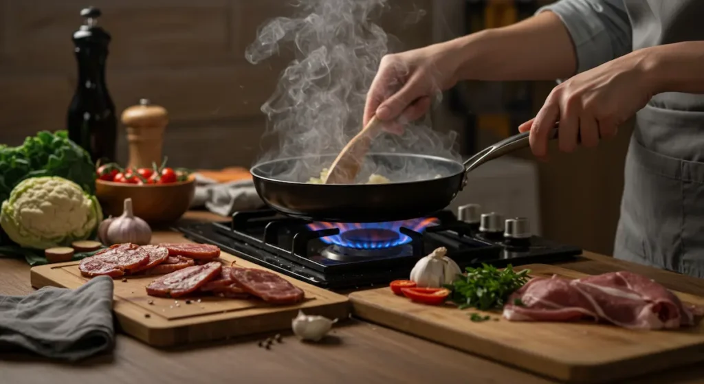 Human hands stirring a pan on stovetop, smoke rising, ingredients spread on warm-colored kitchen board