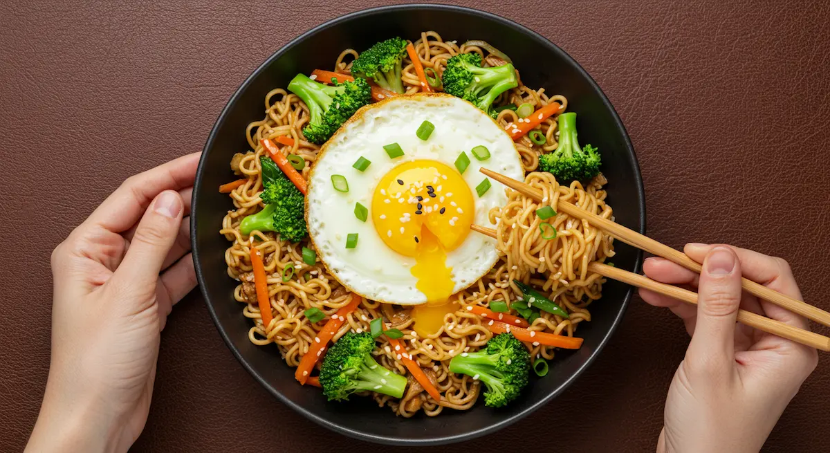 Hearty ramen noodle stir fry with eggs and fresh vegetables in a black ceramic bowl