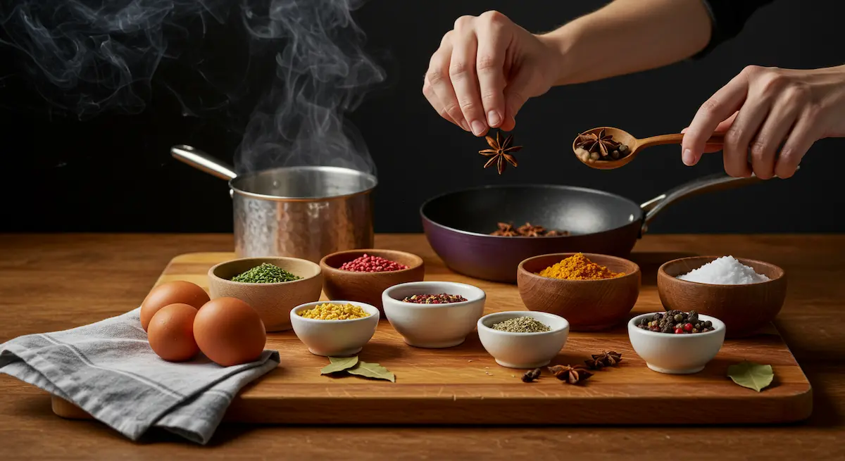Human hands adding spices to ingredients arranged on a colorful kitchen board, smoke rising from a small pan