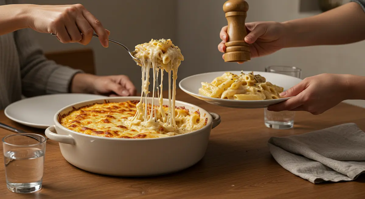 A large bowl of creamy cheese pasta, a family-friendly meal that costs under five dollars to make
