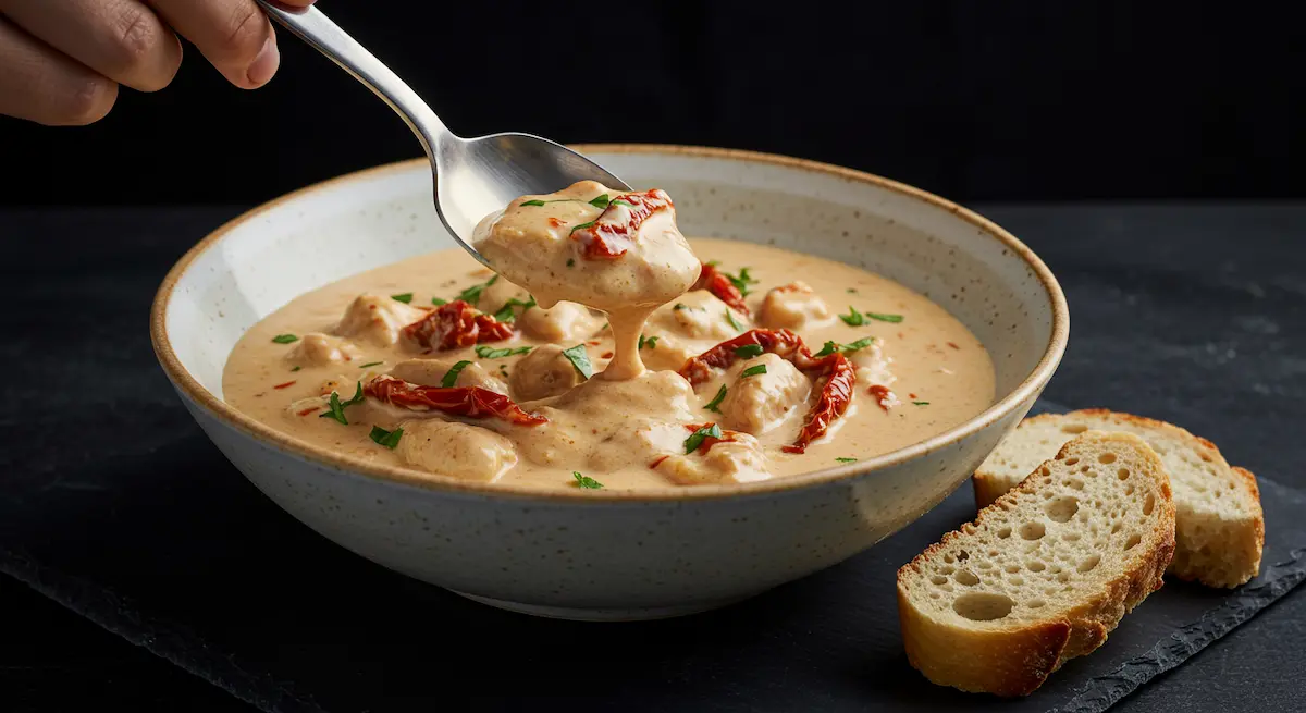 Creamy sun dried tomato chicken served in a white ceramic bowl, a luxurious yet affordable dinner recipe