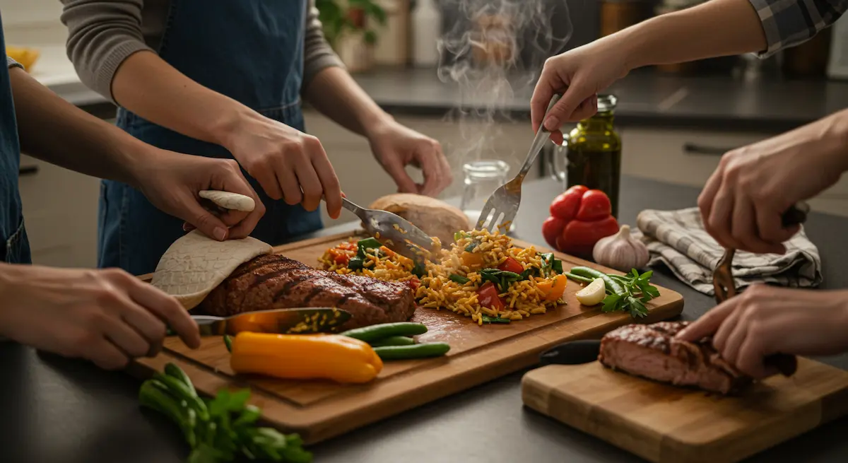 Family hands serving freshly cooked meal on kitchen counter, ingredients visible on board, slight steam from hot food