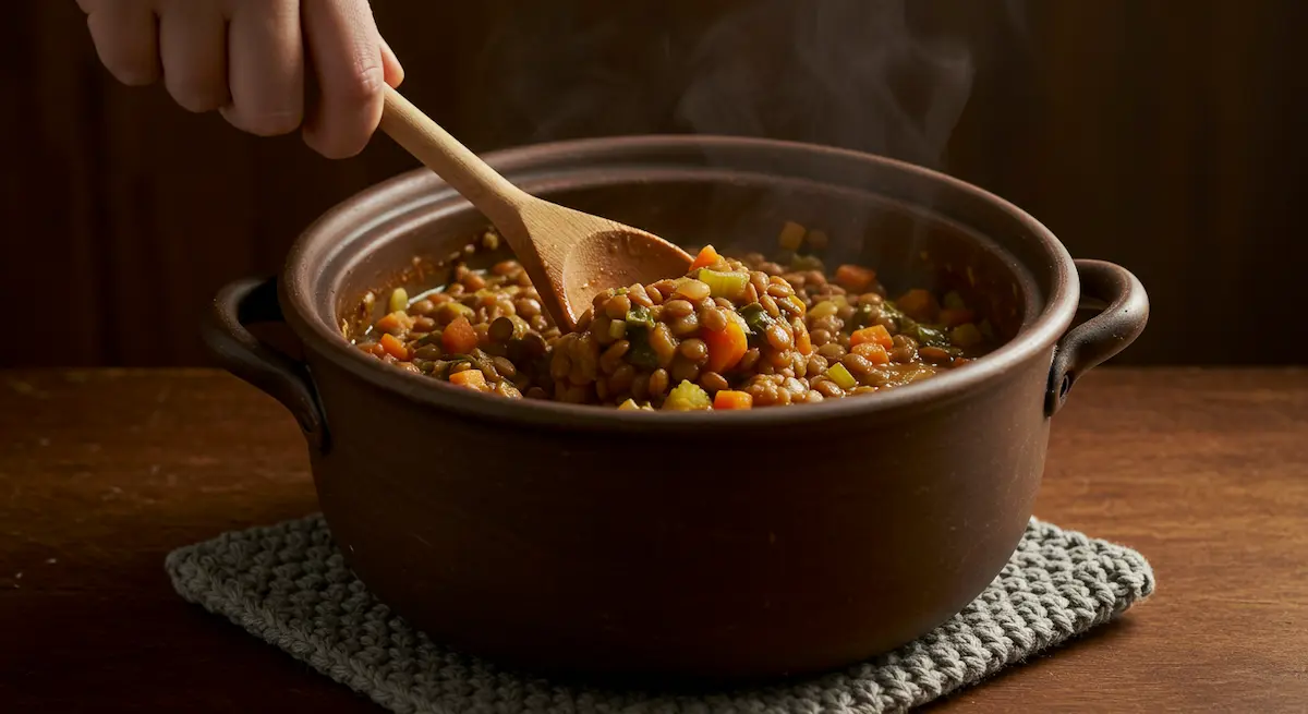 A hearty and healthy lentil stew in a ceramic pot, a perfect example of a cheap dinner recipe that costs under five dollars