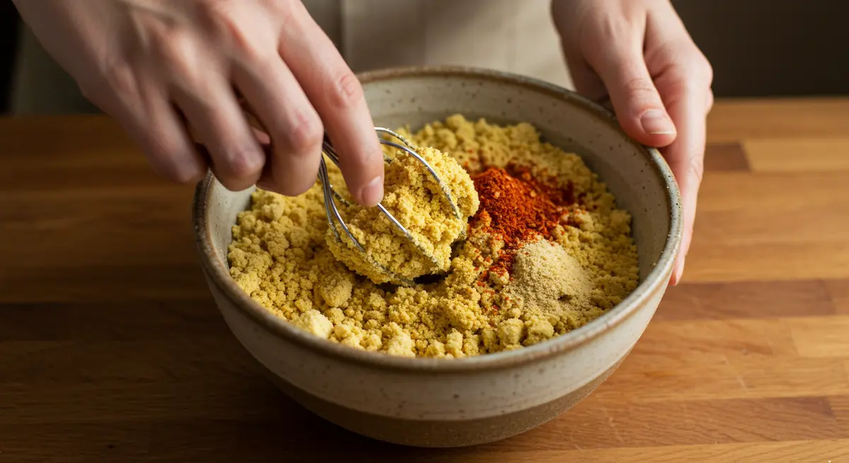 Mixing chickpea flour batter for crispy cauliflower nuggets in a ceramic bowl